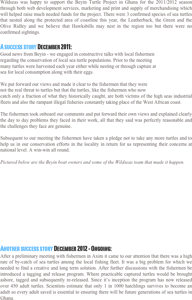 Wildseas was happy to support the Beyin Turtle Project in Ghana for the 2011/2012 season through both web development services, marketing and print and supply of merchandising which will helped raise much needed funds for the project. There were 3 confirmed species of sea turtles that nested along the protected area of coastline this year, the Leatherback, the Green and the Olive Ridley and we believe that Hawksbills may nest in the region too but there were no confirmed sightings.

A success story December 2011:
Good news from Beyin - we engaged in constructive talks with local fishermen
regarding the conservation of local sea turtle populations. Prior to the meeting  many turtles were harvested each year either while nesting or through capture at sea for local consumption along with their eggs.

We put forward our views and made it clear to the fishermen that they were not the real threat to turtles but that the turtles, like the fishermen who now  catch only a fraction of what they historically caught, are both victims of the high seas industrial fleets and also the rampant illegal fisheries constantly taking place of the West African coast.

The fishermen took onboard our comments and put forward their own views and explained clearly the day to day problems they faced in their work, all that they said was perfectly reasonable and the challenges they face are genuine.

Subsequent to our meeting the fishermen have taken a pledge not to take any more turtles and to help us in our conservation efforts in the locality in return for us representing their concerns at national level. A win-win all round.

Pictured below are the Beyin boat owners and some of the Wildseas team that made it happen.













Another success story December 2012 - Ongoing:
After a preliminary meeting with fishermen in Axim it came to our attention that there was a high rate of by-catch of sea turtles among the local fishing fleet. It was a big problem for which we needed to find a creative and long term solution. After further discussions with the fishermen be introduced a tagging and release program. Where practicable captured turtles would be brought ashore, tagged and subsequently re-released. Since it’s inception the program has now released over 450 adult turtles. Scientists estimate that only 1 in 1000 hatchlings survives to become an adult so every adult saved is essential to ensuring there will be future generations of sea turtles in Ghana.
